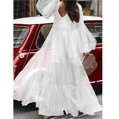 

2022 summer new style V-neck puff sleeve mesh see-through dress long Office Party Rockabilly Dresses