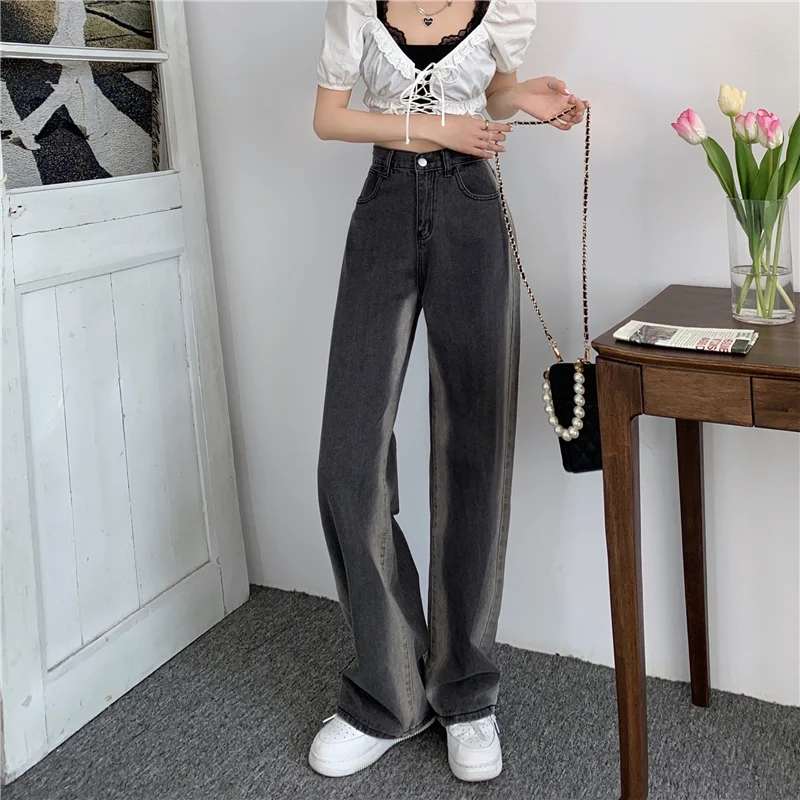 Женские прямые джинсы с градиентом серые свободные брюки-трубы высокой талией и