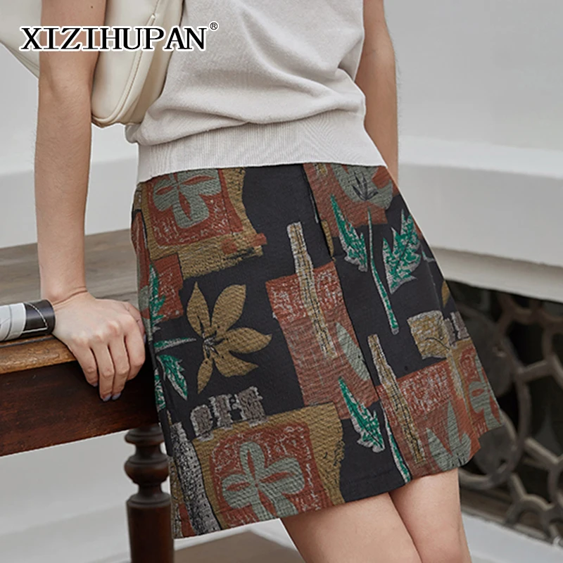 

XIZIHUPAN Vintage Floral Print Mini Skirt For Women High Waist Colorblock Korean Fashion A Line Skirts Female Autumn 2021 New