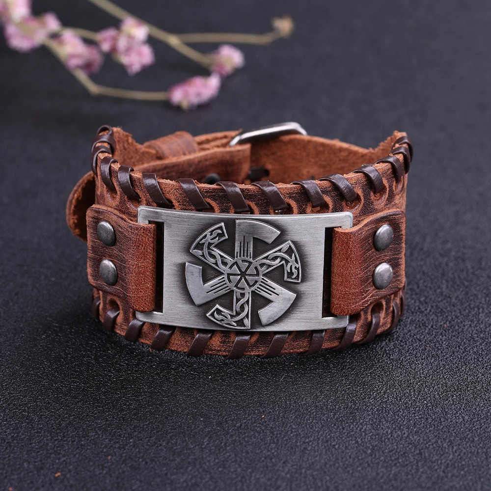 LIKGREAT Slavic Wheel Kolovrat Talisman Charm Bracelets Leather Wrap Cuff Bracelet for Man Women Wicca Jewelry Accessories images - 6