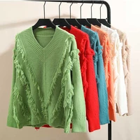 autumn winter new fashion knitted sweater women tassel long sleeve v neck pullovers female casual solid loose sweaters