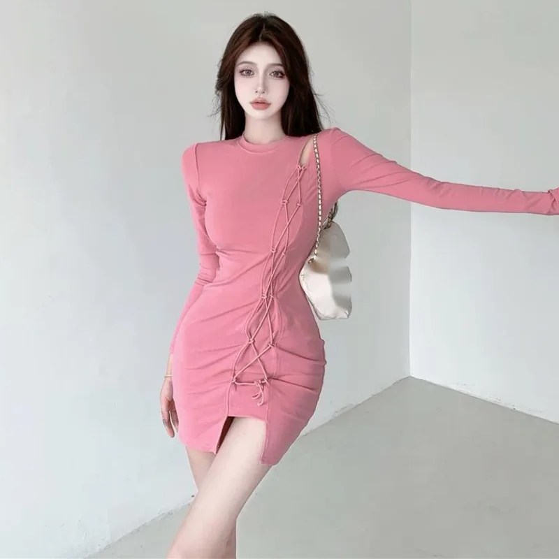 

WOMENGAGA Autumn Hollow Out Design High Waist Bandage Thin Cross Hollow Lace Up Slim Hip Mini Dress Korean Women Sexy Hot X8P7