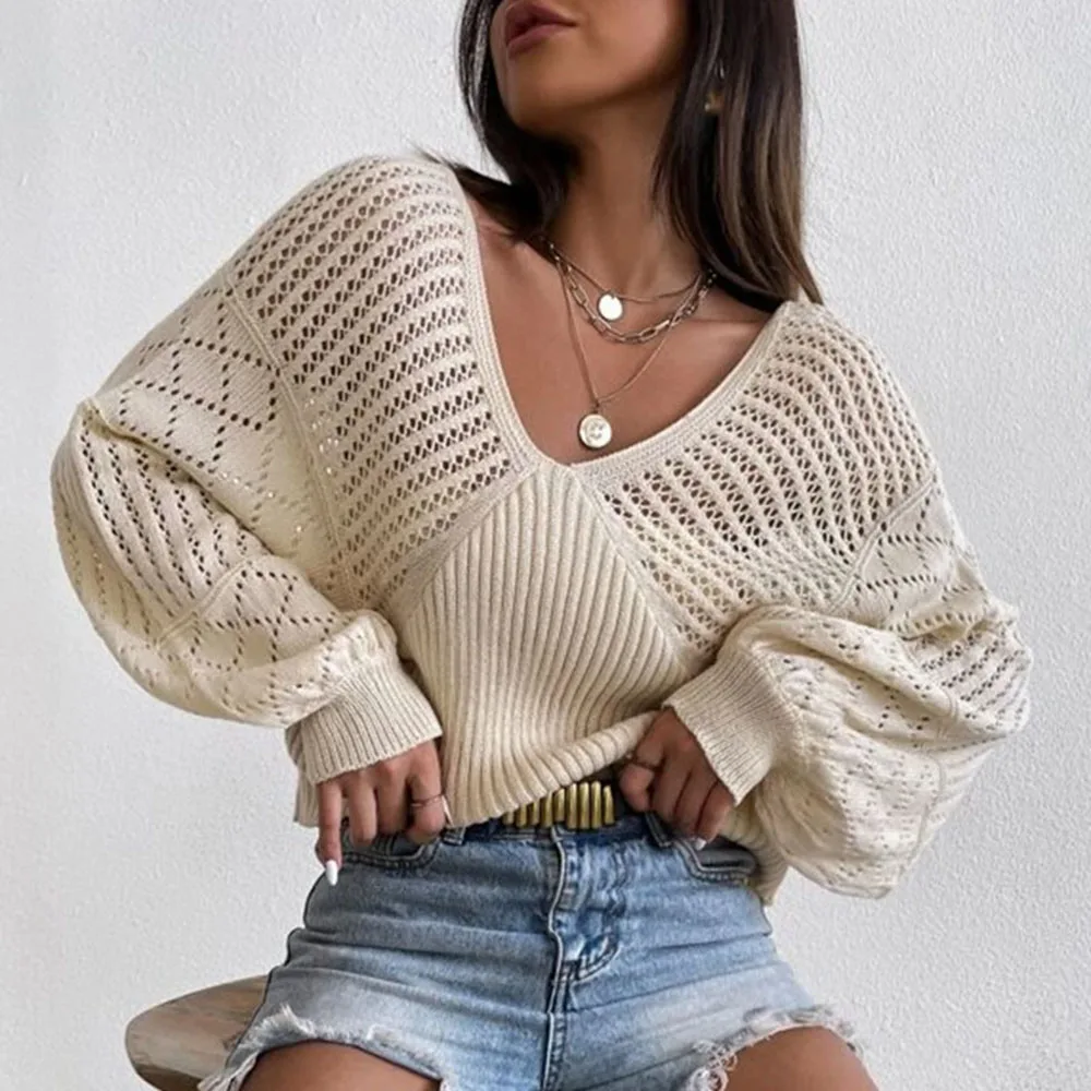 

Autumn 2021 Casual Womens Sweater Fashion New Hollow Out Sexy Perspective V-neck Loose Long Sleeve Solid Color Knitting Tops