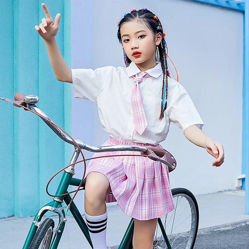 

2020 Girls Pink JK Uniform Catwalk Fashion Clothes Children Jazz Dance Costume Kid Hip Hop Suit Cheerleader Performance Wear