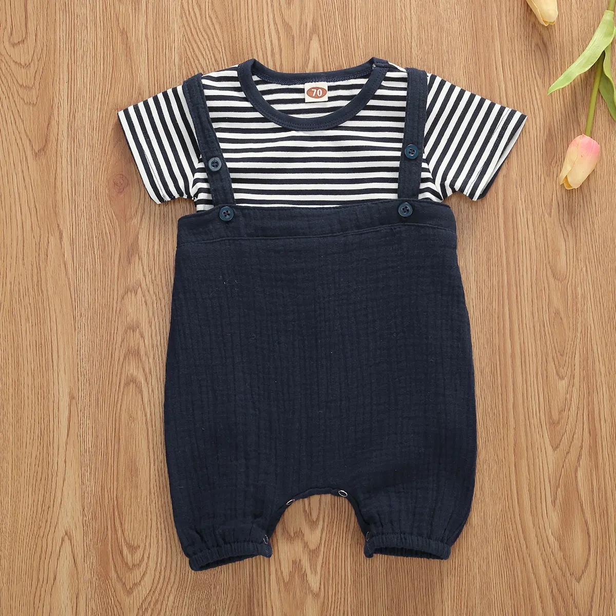 

2PCS Summer Toddler Infant Kid Boys Clothes Set Baby Casual Striped T-shirt +Solid Overalls Cute Outfits