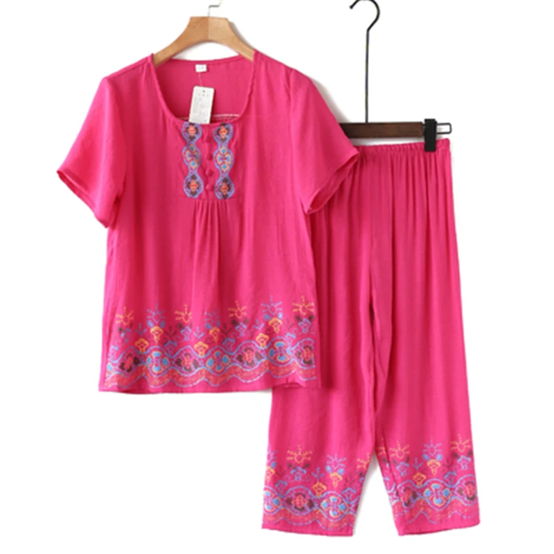 

2020 Middle-Aged And Elderly People Summer Cotton And Linen Suit Leisure Large Size Foreign Style Women's Two-Piece Suit Tide