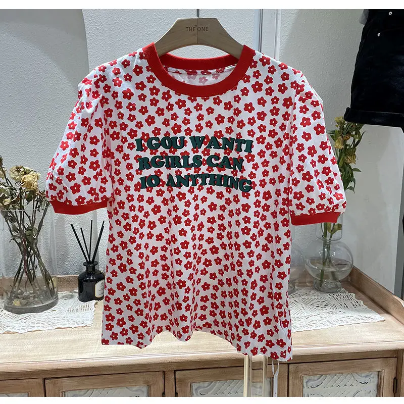 

Floral round neck short sleeve T-shirt for female Xia Xiaoqing age reduced 2021 new slim T-shirt