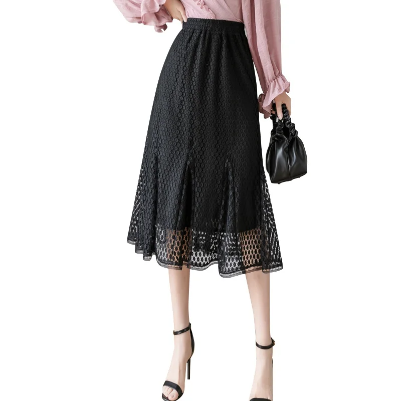 

Hollow Out Lace Skirts Black Women High Waist Elastic Waist Tulle Skirt Trumpet Long Skirts Ladies Fashion Vintage Mermaid Cloth
