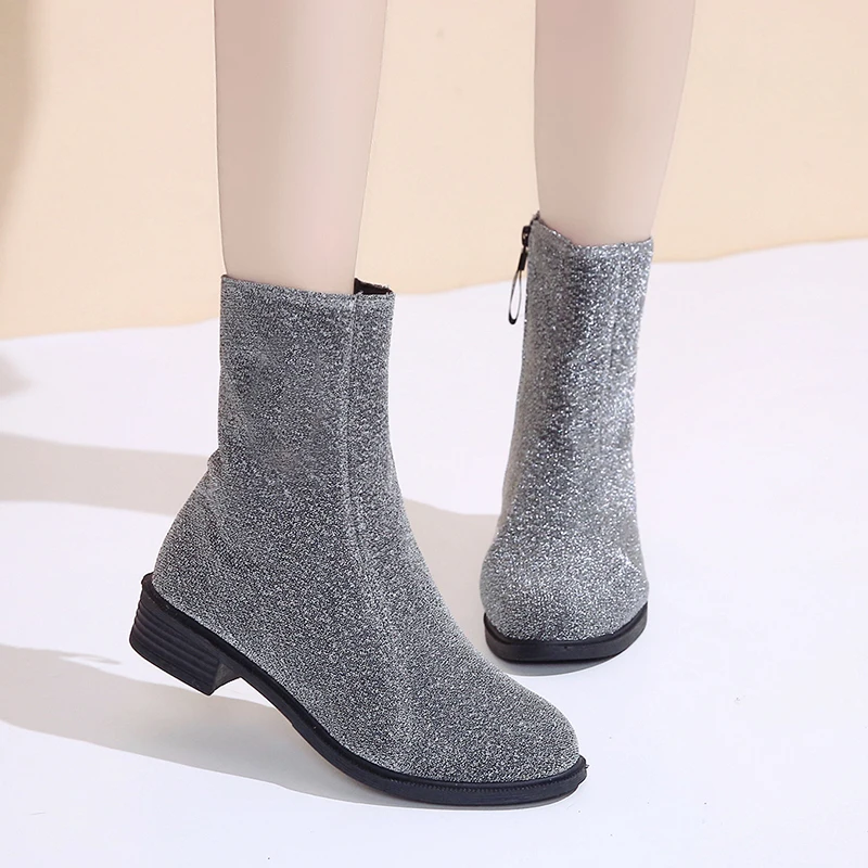 Г.; botas mujer; черные удобные женские сапоги до середины икры на молнии с круглым носком; Цвет черный, серебристый; зимние сапоги из флока наивысшего качества; botines mujer