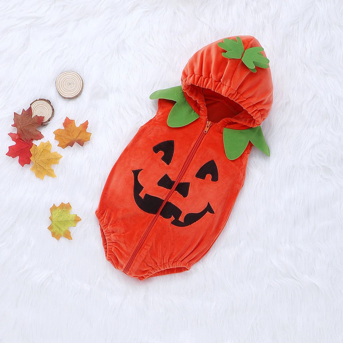 

Children's Halloween Clothes European and American Style Pumpkin Style Hooded Zipper One-Piece Rompers Baby Sleeveless Romper