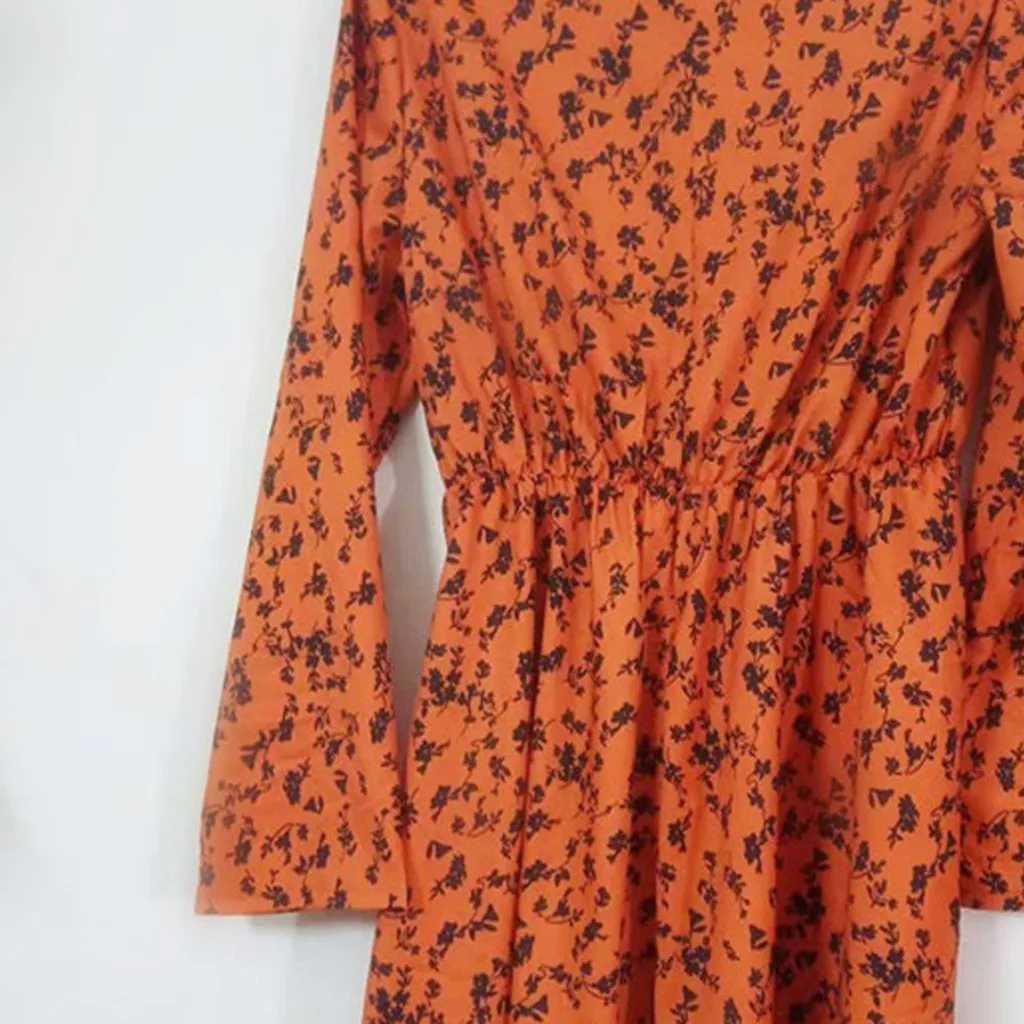 Women Spring Dress Floral Printing Mini Dress Casual Loose Mini Long Sleeve Summer Elegant Elastic Waist Dresses#BL20