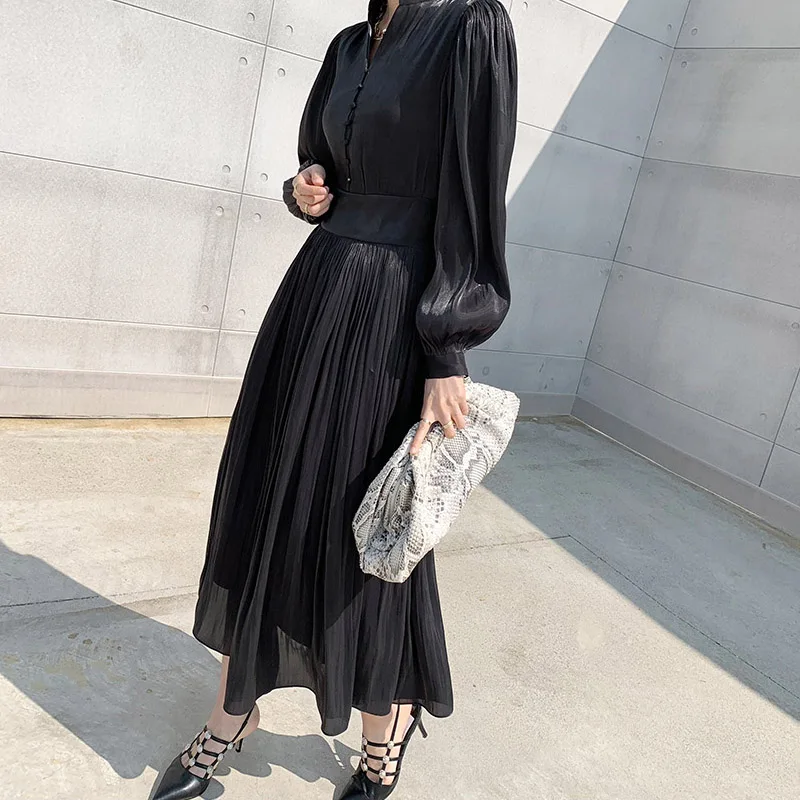 

One Piece V-Neck Single-Breasted Dress Women Elegant 2020 New Autumn A-Line Dress Korean Chic Slim Waist Lace-Up Midi Dresses