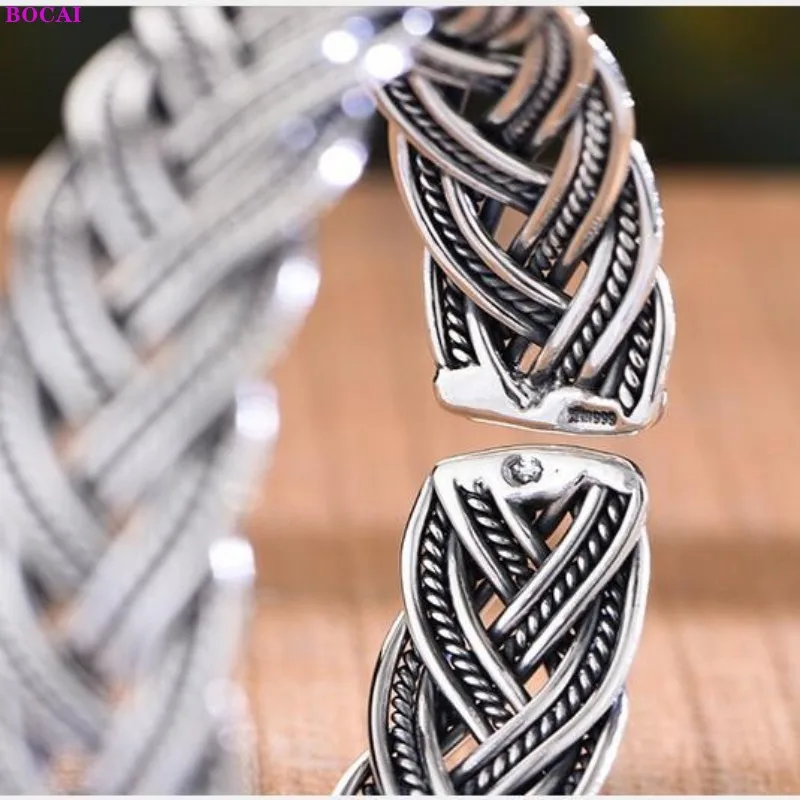 

BOCAI S999 Sterling Silver Bangle Thai Silver Craft Hand Woven Twist Snake Bone Pure Argentum Retro Simple Bracelets For Women