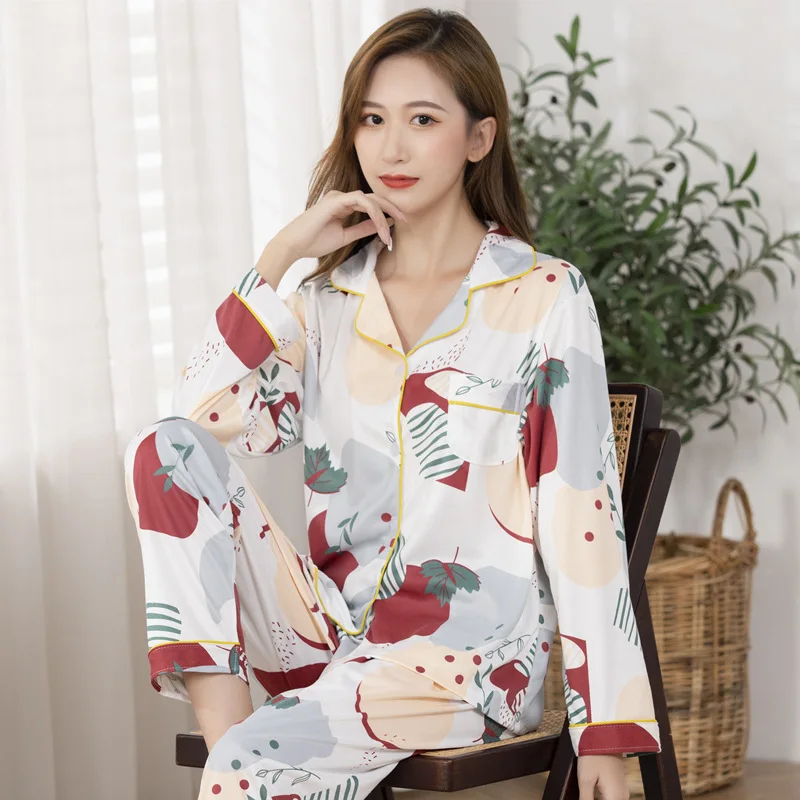 Autumn and Winter Cotton Ladies Pajamas Lapel Cardigan Long-sleeved Trousers Two-piece Casual Loose Fashion Home Service