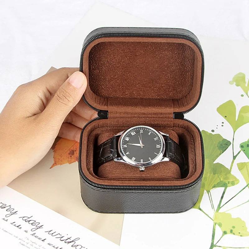 

Single Watch Box Vintage PU Leather Zipper Bracket Holder Watch for Business Travel Storage Easy to Carry