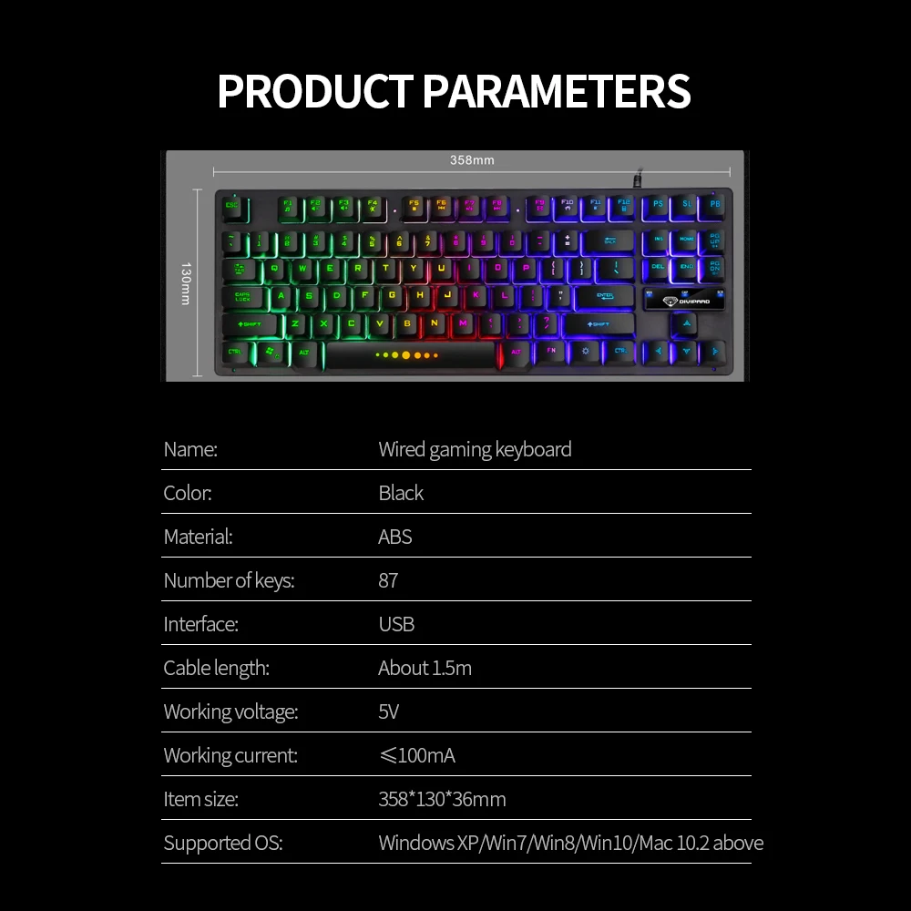 

GK-10 Wired gaming Keyboard 87 Keys Colorful Backlight Keyboard Ergonomic ABS plug and play Gaming Keyboard for pc computer