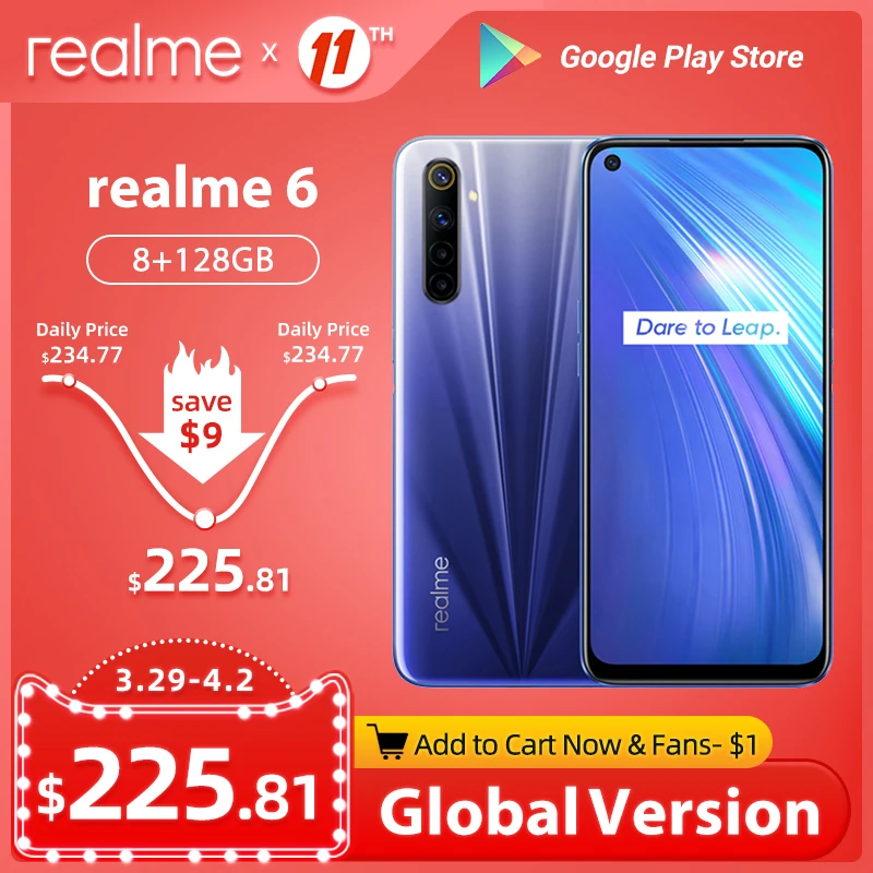 Глобальная версия realme 6 8 Гб 128 мобильный телефон на процессоре Helio G90T 30 Вт быстрой
