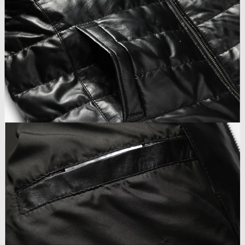 CARANFIER New Men Genuine Leather Down Jacket Brand Slim Sheepskin Coat Winter Stand Collar Warm | Мужская одежда