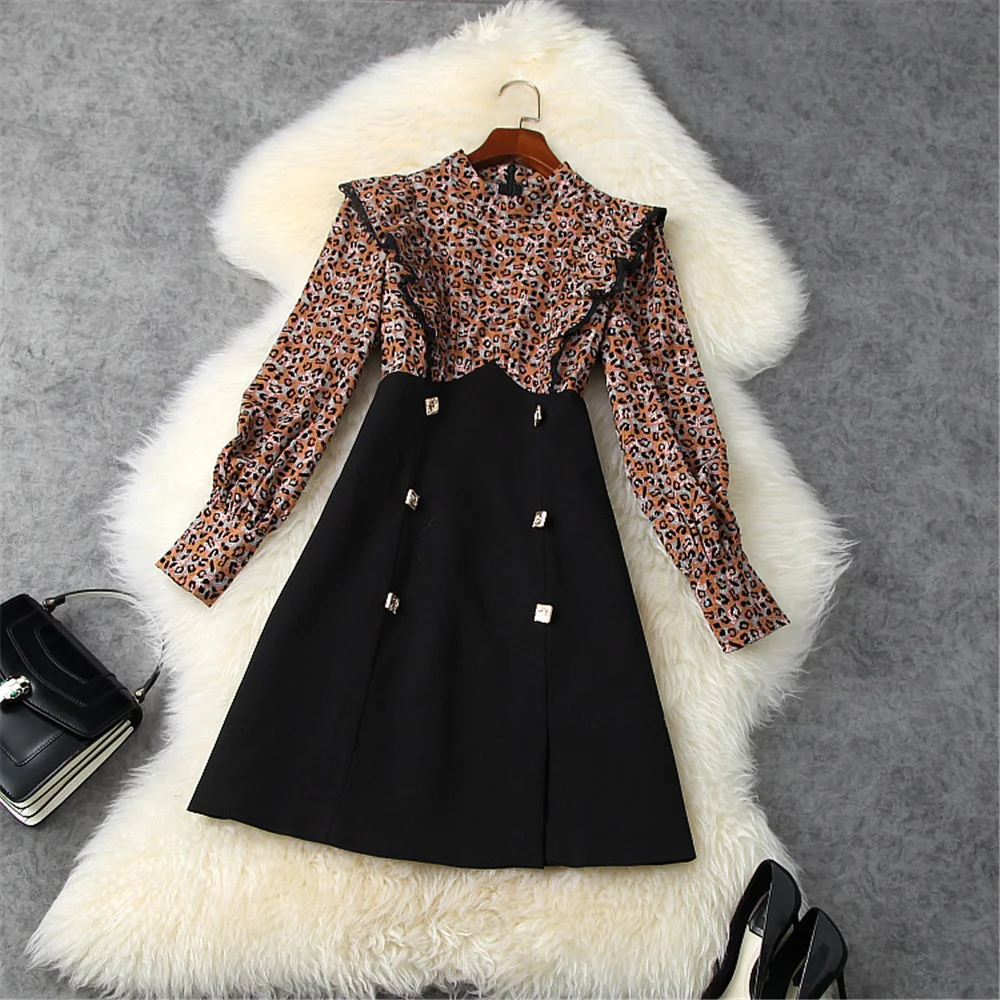 

2020 AUTUMN RUFFLE DOUBLE BUTTON PRINT LONG SLEEVE DRESS