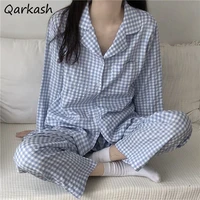 pajama sets women plaid stylish chic ulzzang daily student sleepwear female lounge casual tender turn down collar baggy new fit