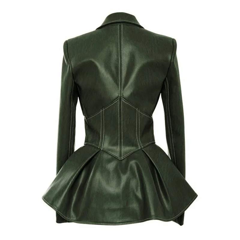 

DEAT 2021 Autumn Spring Faux Leather Women Coat Black Pleated V Neck Female PU Leather Plus Size Ruffles Jacket MG862