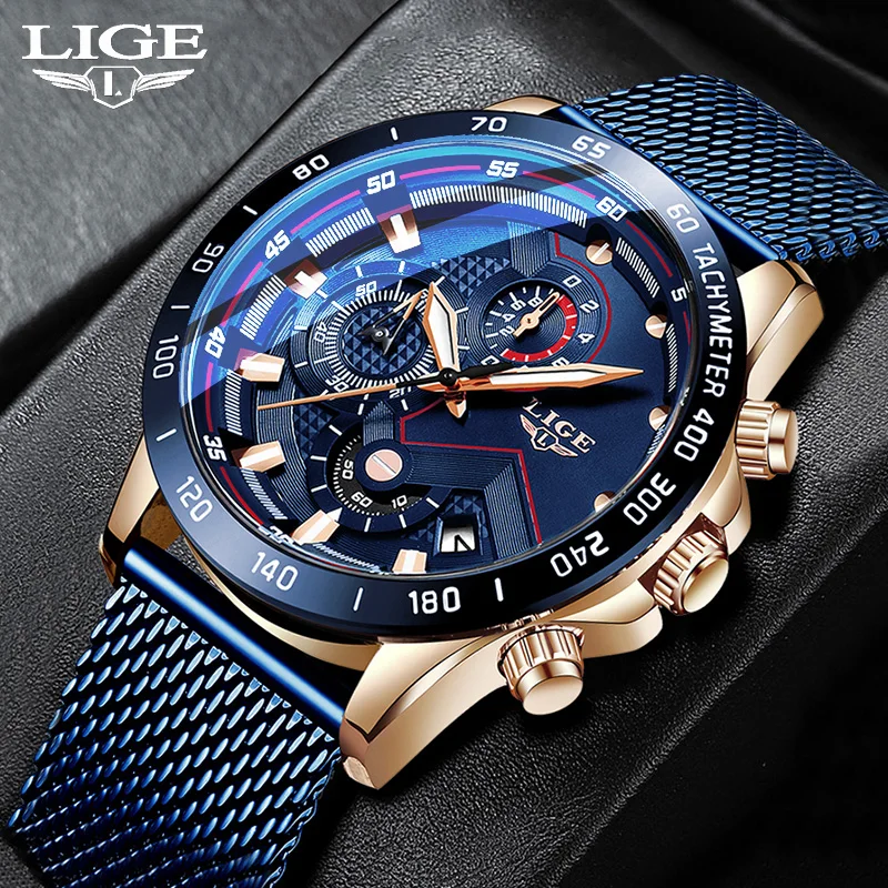 2021 LIGE Fashion Mens Watches Top Brand Luxury WristWatch Quartz Blue Watch Men Waterproof Sport Chronograph Relogio Masculino