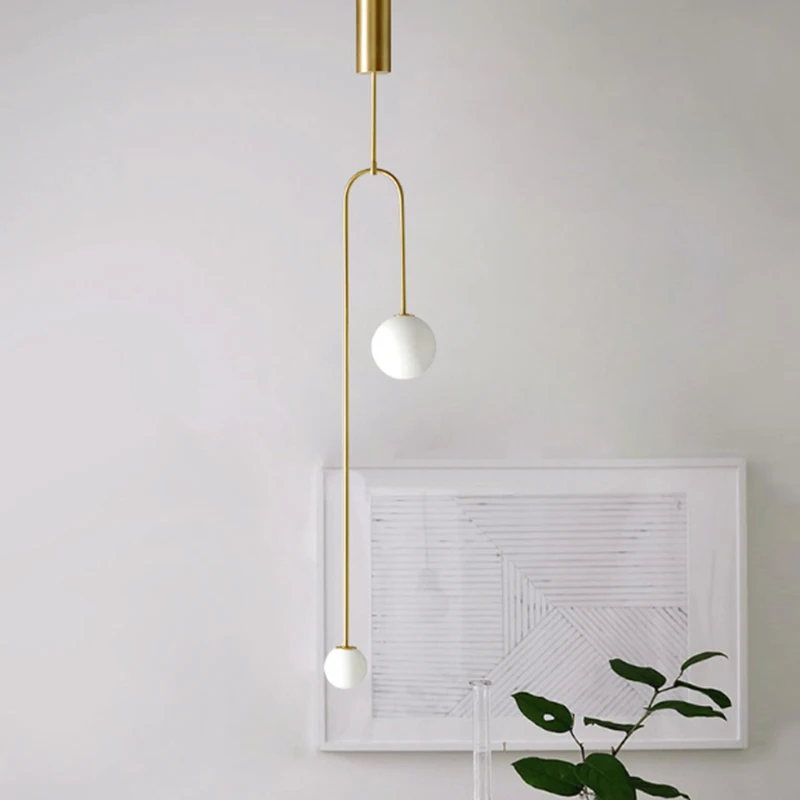 Minimalist Metal Plating Gold 2 Heads Pendant Lamp Modern White Glass Ball Pole Bedside Living Room Deco LED G9 Lighting Fixture
