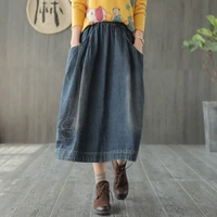 free shipping 2021 fashion summer denim all match casual jeans skirt elastic waist long skirt for women a line l x spring autumn
