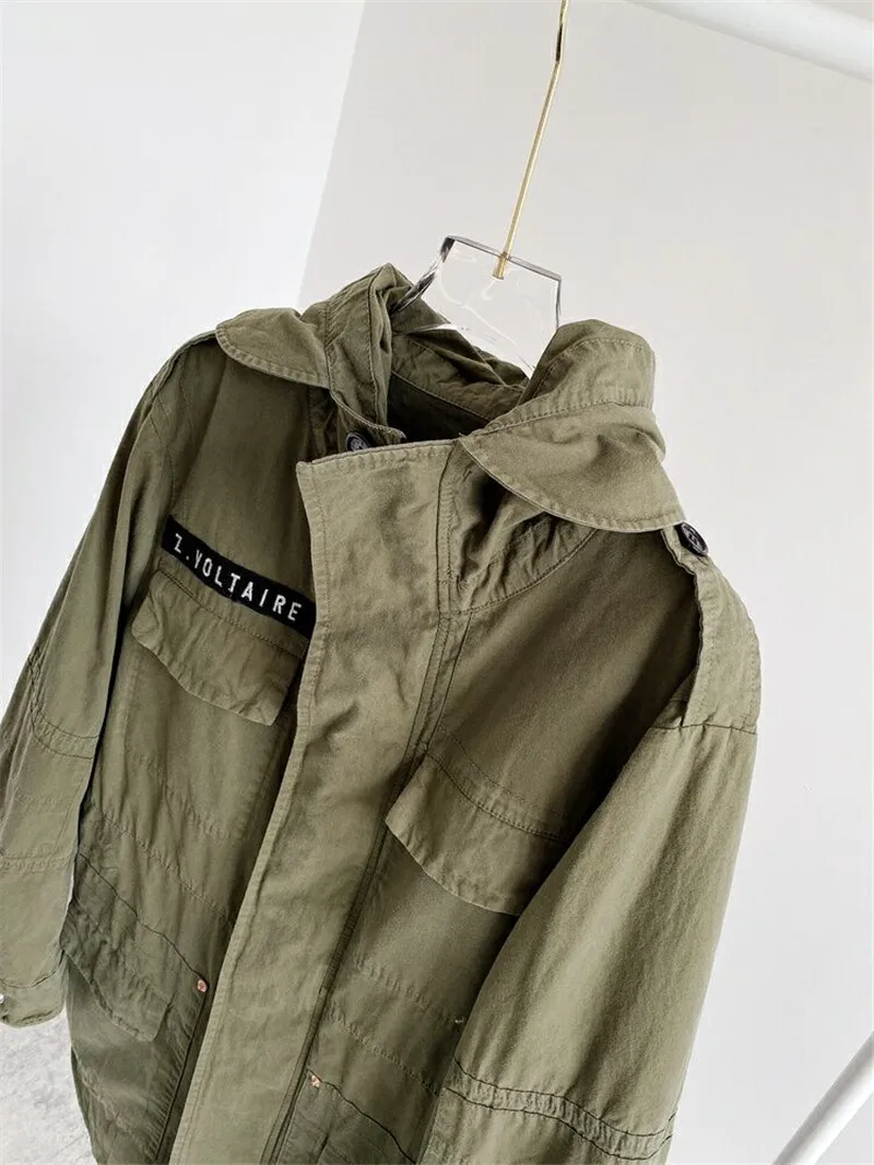 

2021 Spring New Women Army Military Green Long Trench Coat Front LETTER Print Zipper Long Sleeves Cotton Oversized Fashion Coat