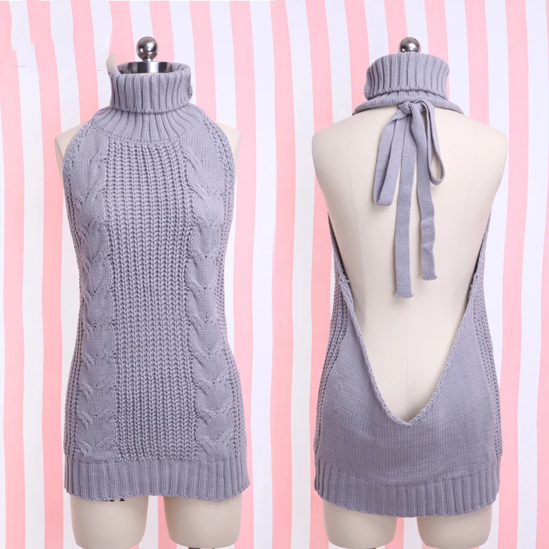 Женский свитер с открытыми плечами вязаный открытой спиной и высоким воротником