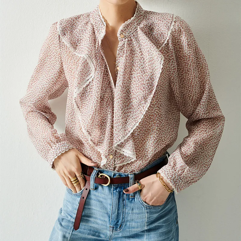 Женская блузка с оборками и цветочным принтом женская одежда длинным рукавом