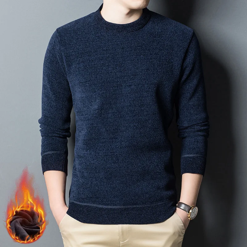 

Мужской зимний плюшевый свитер с круглым вырезом, однотонная теплая вязаная футболка с длинным рукавом, теплый свитер для мужчин