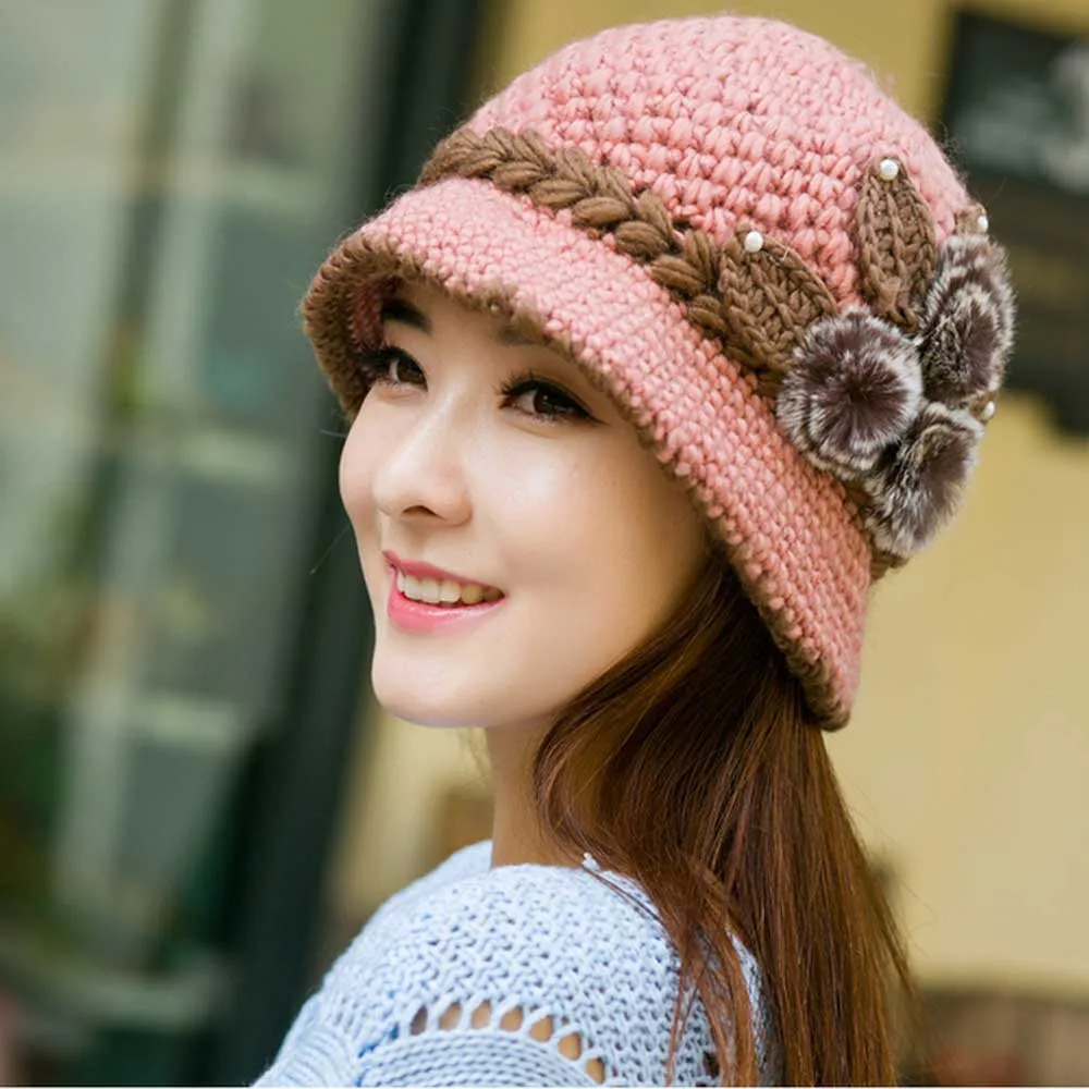 

Winter Warm Woolen Hat Knitted Hat Fashion Women Lady Winter Warm Crochet Knitted Flowers Decorated Ears Hat