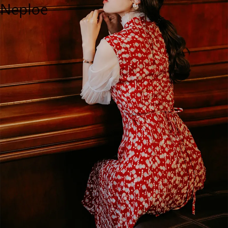 Непло цветочный принт женское платье Лето 2019 Ретро стоячий воротник короткий