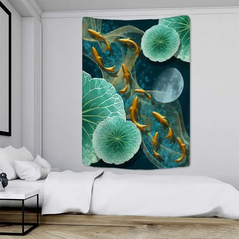 Koi Fish в лотосном пруду Классический гобелен искусство Настенная подвеска