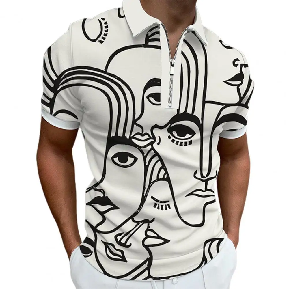 

2021 New Turn-down Collar Fashion Casual Men Polyester Shirt Print Comfy Zipper Short Sleeve Stretchy Shirt Streetwear