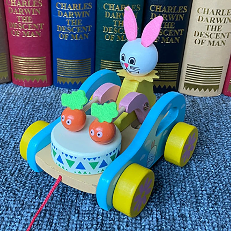 

4 Colors Kids Animal Traction Rope Cute Wooden Material Cartoon Bear Rabbit Pulling Car Baby Car Toy Baby Gift Education Toy 1pc