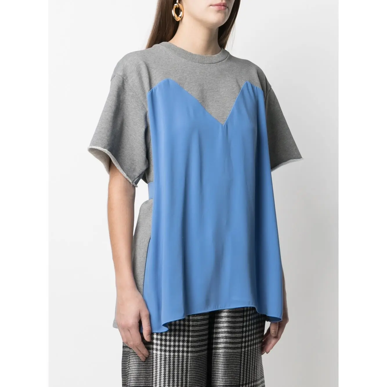 

Women Fake two-piece T Shirt 2021 New O-Neck Short Sleeve Contrast Stitching Tee Top Slim Waist With Belt Casual t-shirts