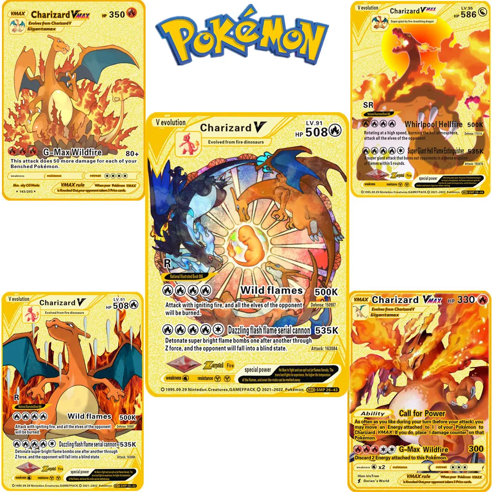 

Pokemon VMAX Cards 11 species Charizard Max Custom Metals V Vmax Metal Cards Collection Card-Hp 508 330 Battle Gift Game Toys