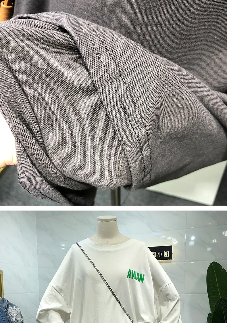 

2020 Spring and Autumn New Back Letter Printing Long Sleeve Pullover T-shirt Women Medium Long Loose Shirt Oversize Tops