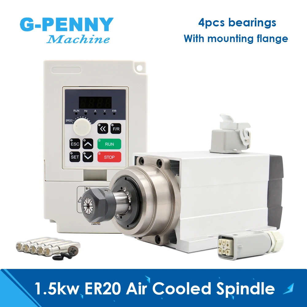 

g-penny 220v 380v 1.5kw ER20 square air cooled spindle motor air cooling 4 pcs bearings & QL 1.5kw 1000hz VFD inverter