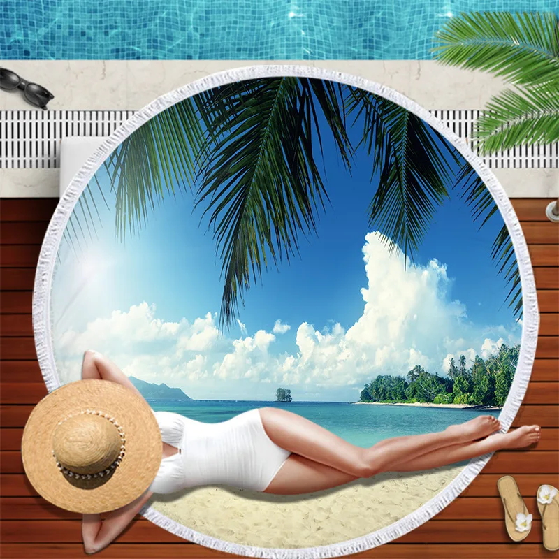 

Круглое пляжное полотенце с морским пейзажем, Солнцезащитная шаль, уличный коврик для пикника, банное полотенце из микрофибры, подушка для ...