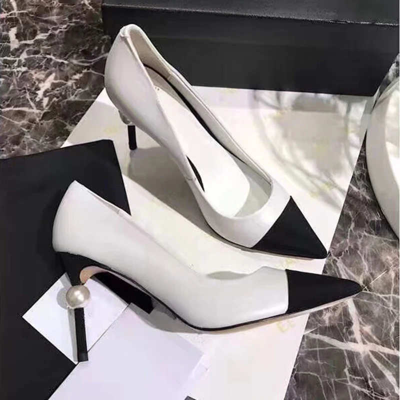 Туфли-лодочки женские с острым носком высокий каблук белый жемчуг модные