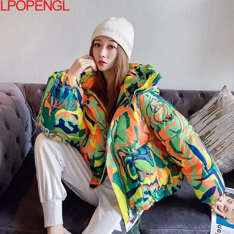 Warm Winter Cotton Jacket Women 2021 Graffiti Print Fashion Hooded Short Parka Coat Girls Thick Streetwear Hip-hop Padded Jacket