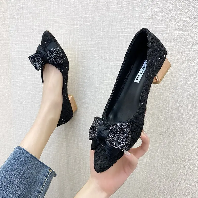 

Spring Rhinestone Bow High Heels Women's Low-heeled Shallow Pointy Banquet Dress Single Shoes Bridesmaid Wedding Shoes 2021