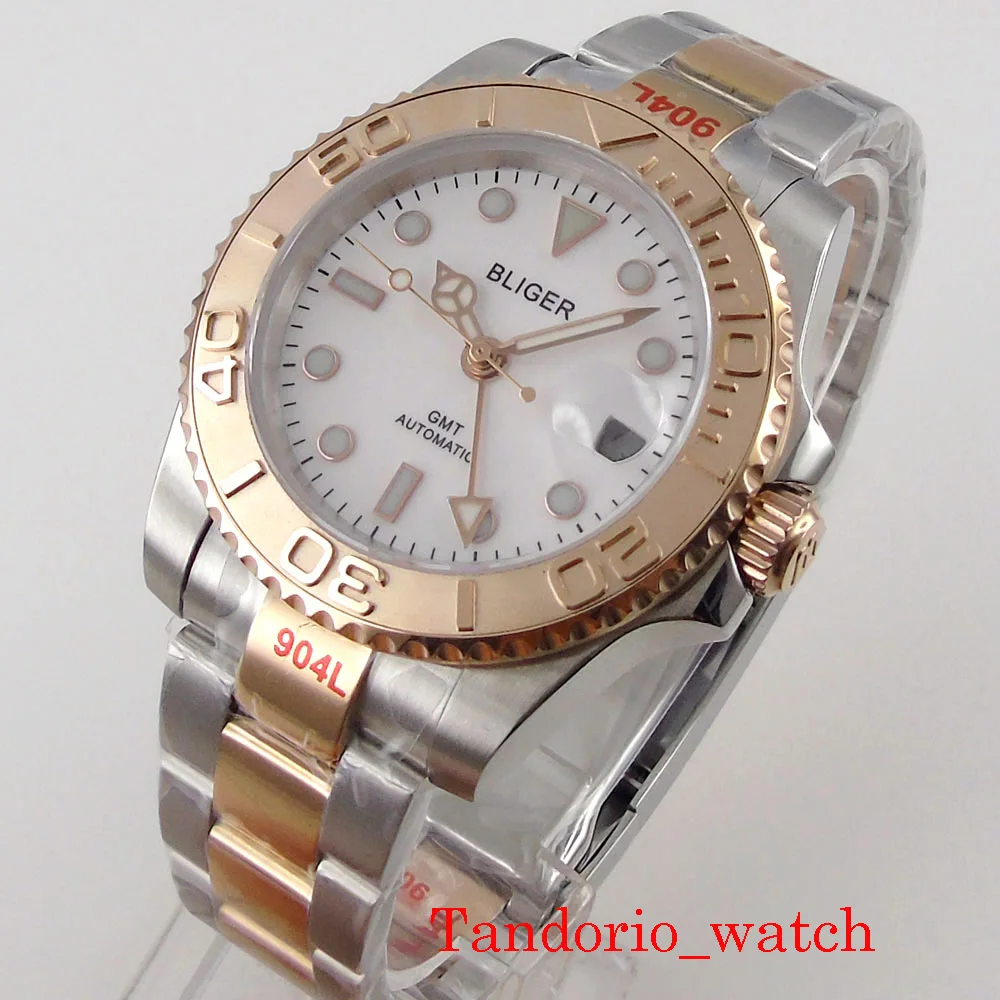 

Bliger 40mm GMT Automatic Watch Sapphire Glass Date ROtating Bezel 904L Oyster Band Solid Back