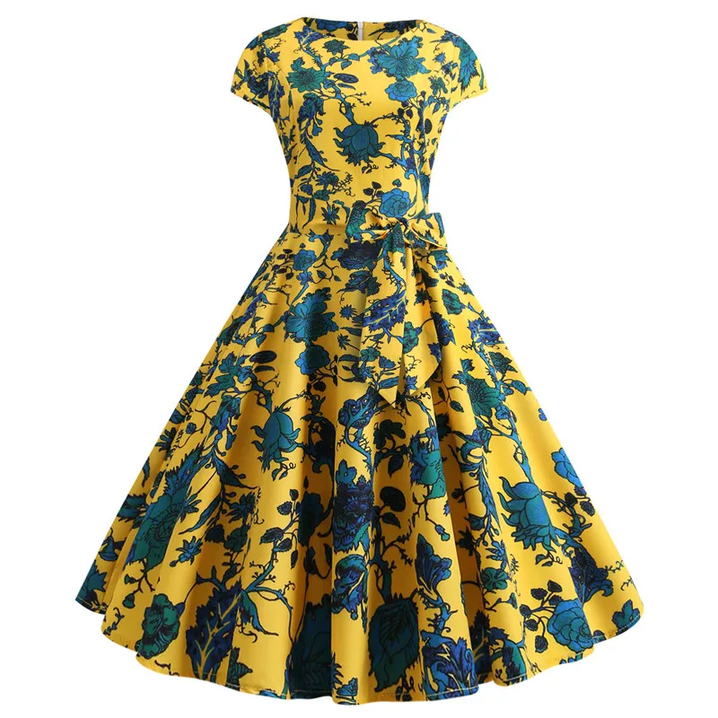 

Short Sleeve Vintage Hepburn Style Dress Women Lace Up Slim Print Party Dress Ladies Elegant Spring Summer Swing Party Dress
