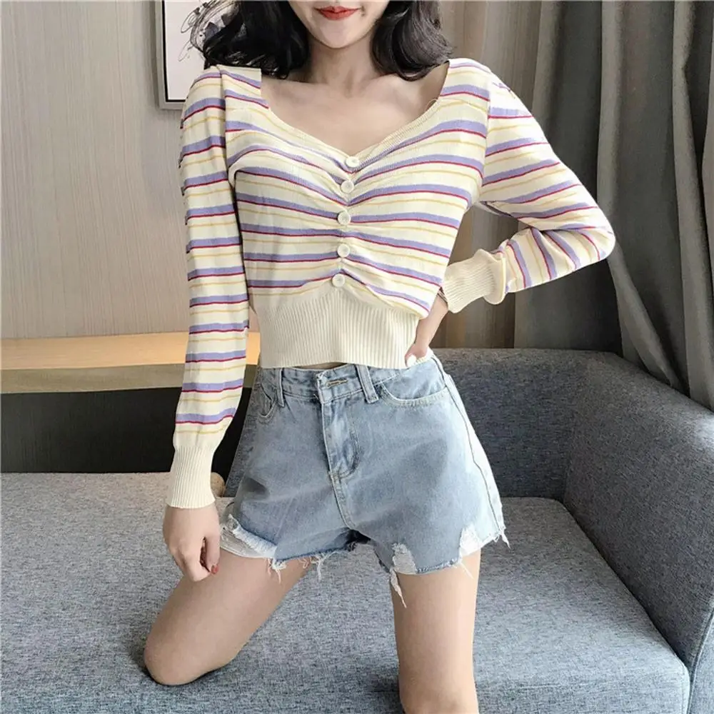 свитер женский sweater Women Casual Knitting V-Neck Tops Long Sleeve Stripe Slim Sweater cardigan pull femme nouveaute 502SS30X |