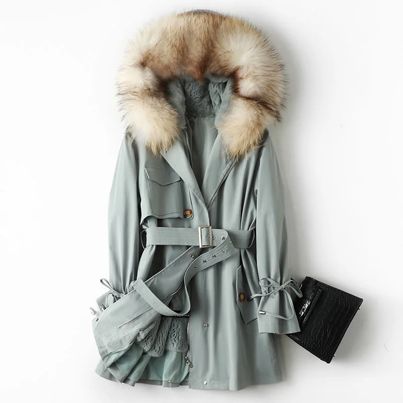 

SHZQ 2021 Winter New Women's Medium and Long Rabbit Hair Inner Bladder Raccoon Dog Hair Collar Parka Fur Coat Fashion