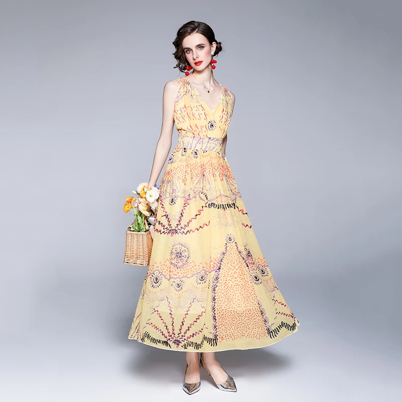 

Merchall 2021 Summer Vacation Elegant Chiffon V Neck Flower Print Maxi Dress Woman Sleeveless Robe Backless Beach Vestido M61148